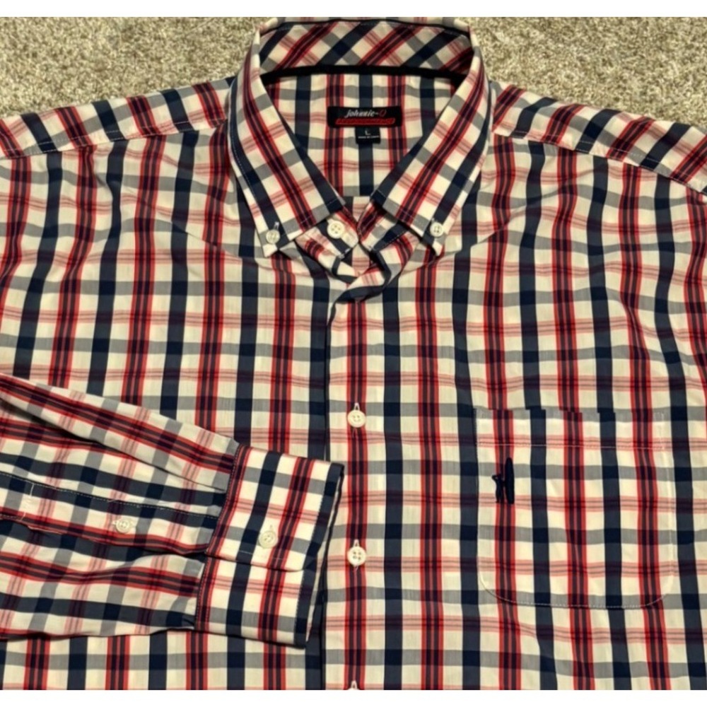 Johnnie O Prep Formance Shirt Men L Red Navy Plaid Bamboo Stretch Long Sleeve